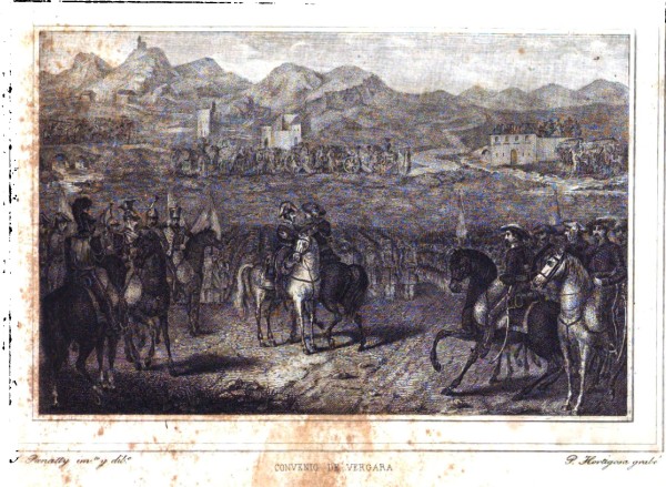 El "Abrazo de Vergara" 31 de agosto de 1839 (Fuente: "Historia de la vida militar y política de Martín Zurbano" de Eduardo Chao, 1846) 